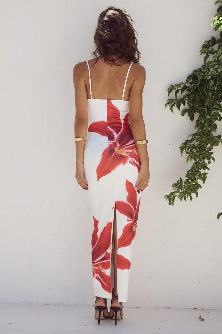 Vibrant floral midi dress for women, ideal for spring & summer events. Comfortable & elegant design.