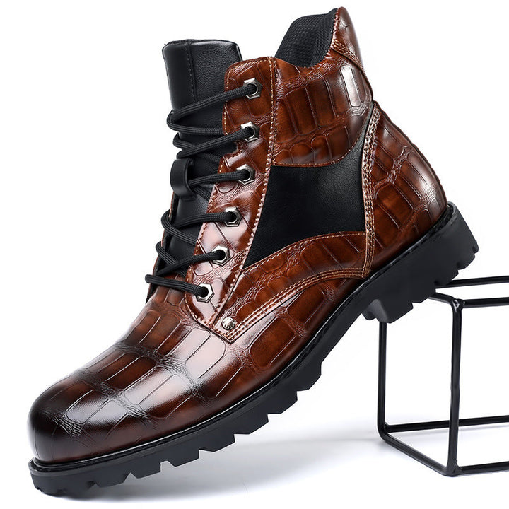 Men's rugged combat ankle boots with alligator embossed leather finish, lace-up design, and durable traction sole.