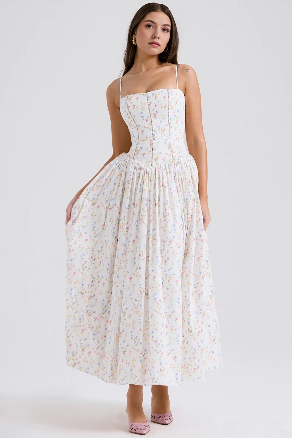 Beautiful white floral midi dress, a lightweight and elegant summer party dress for women.