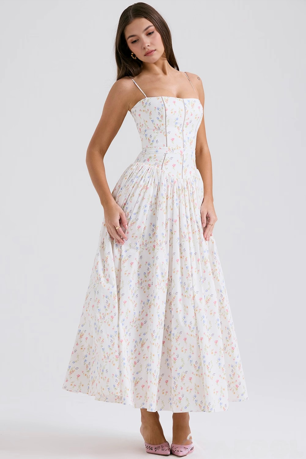 Feminine floral print midi dress for women, an elegant summer occasion dress.