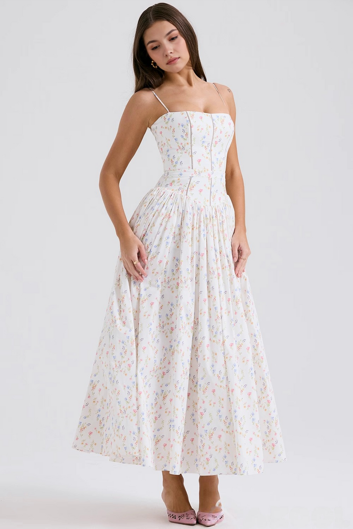 Feminine floral print midi dress for women, an elegant summer occasion dress.