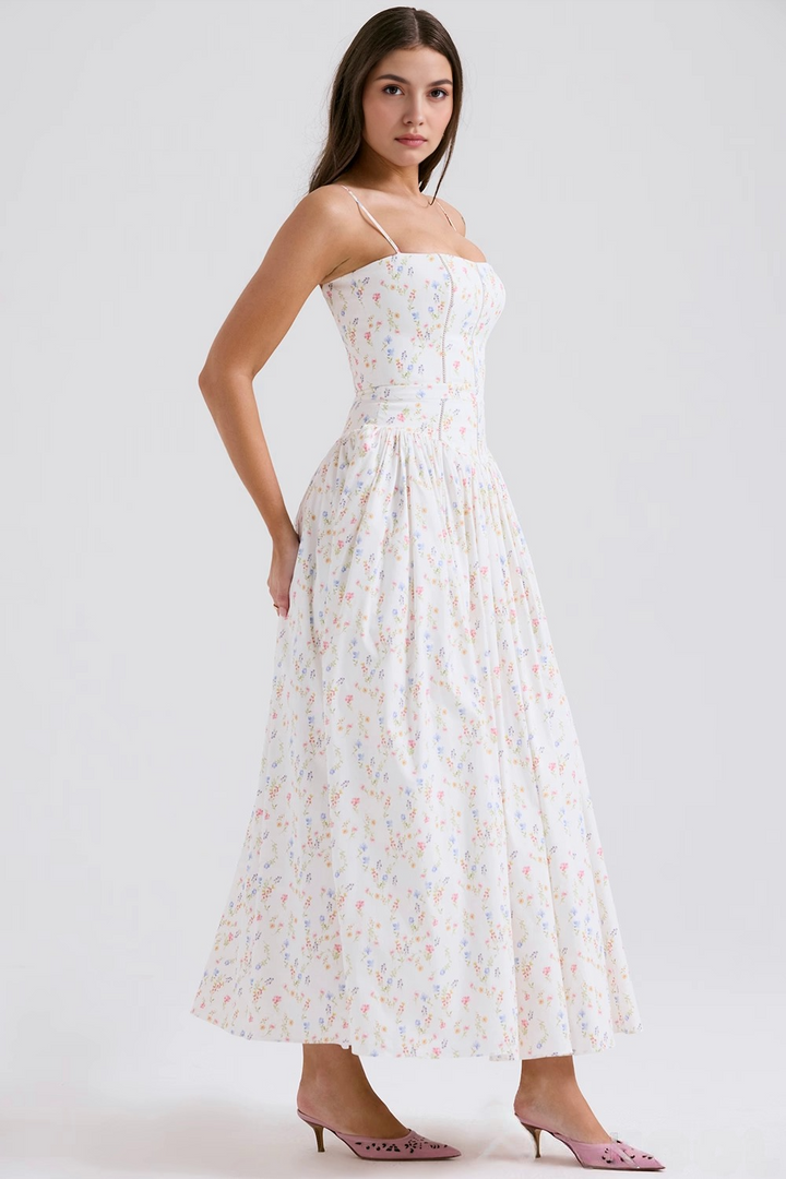 White midi dress for women with elegant floral print, a perfect summer party or occasion dress.
