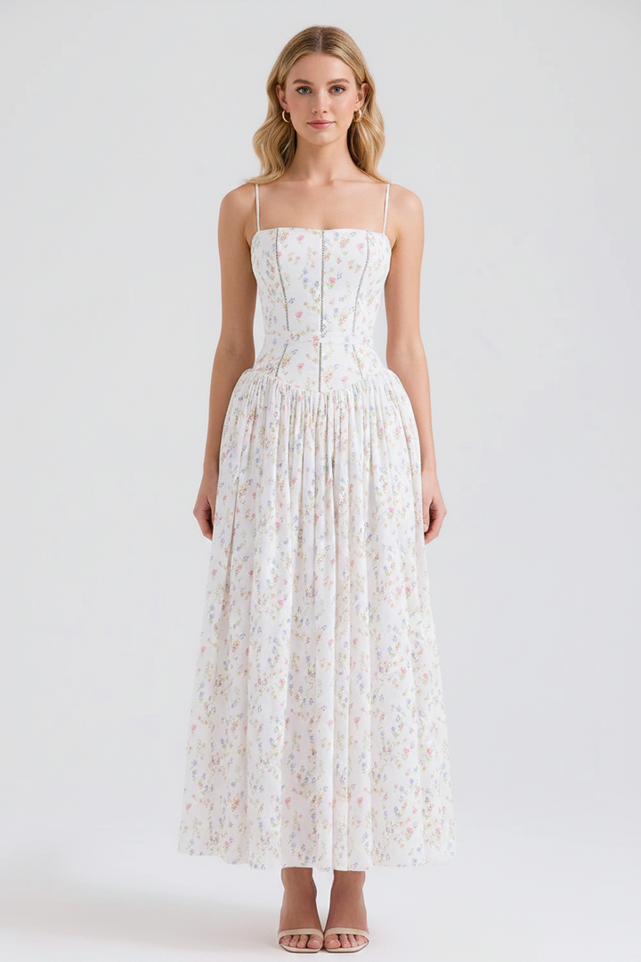 Elegant white floral midi dress for women, perfect for summer parties & sunny days.