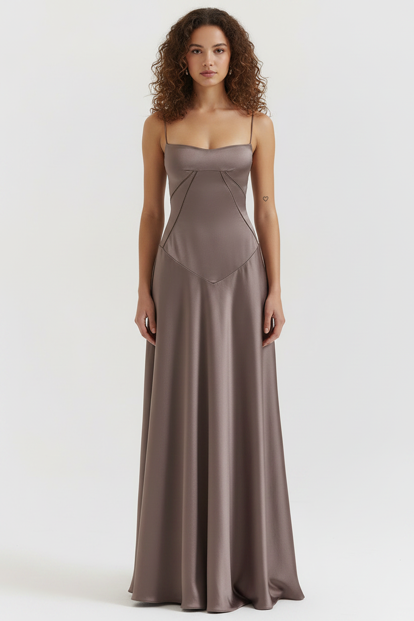 Sophisticated gray bustier maxi dress, perfect for formal evening wear.