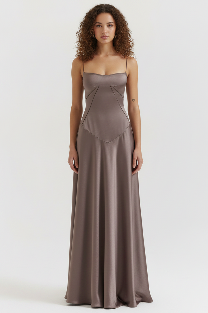 Sophisticated gray bustier maxi dress, perfect for formal evening wear.