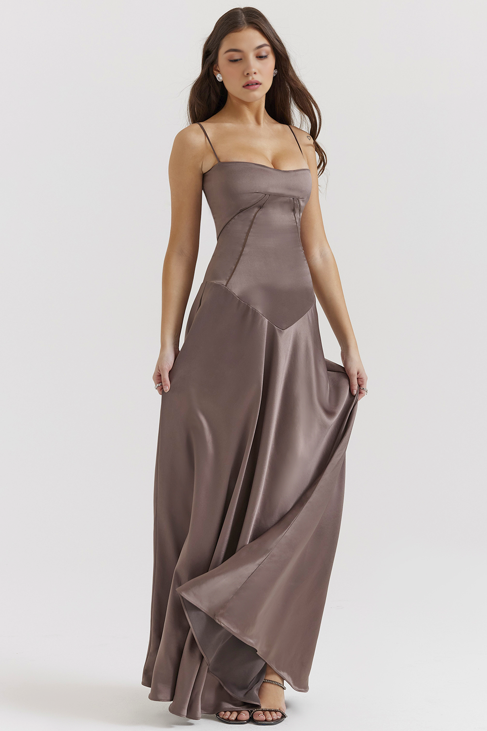 Eye-catching hot pink bustier maxi dress, a long evening party gown.