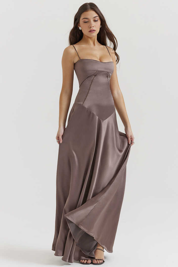 Eye-catching hot pink bustier maxi dress, a long evening party gown.