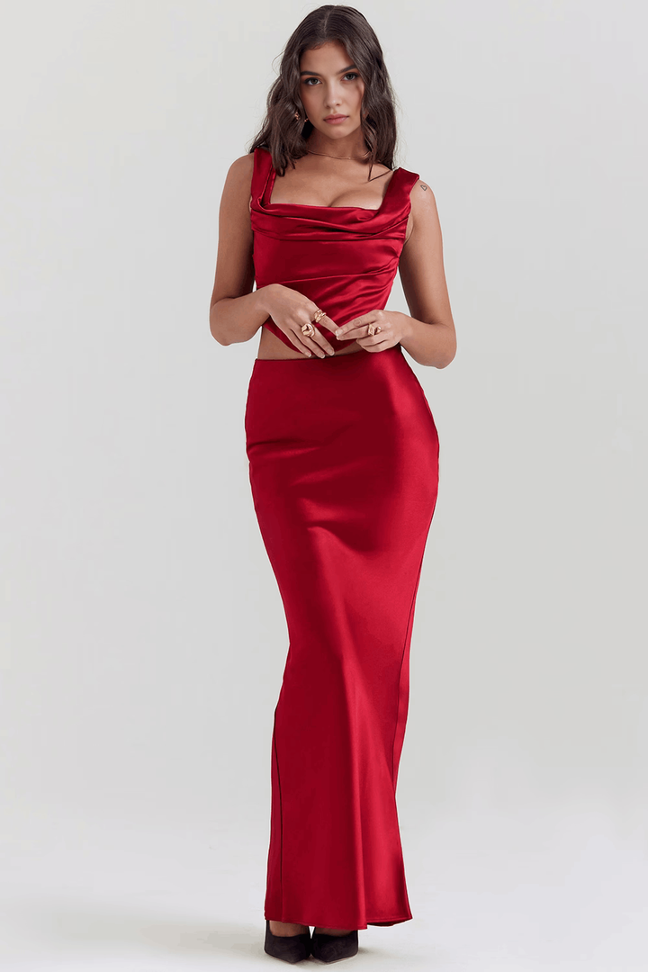 Luxurious Bronzé women's corset top and flowy maxi skirt set, designed for an adjustable, chic silhouette.
