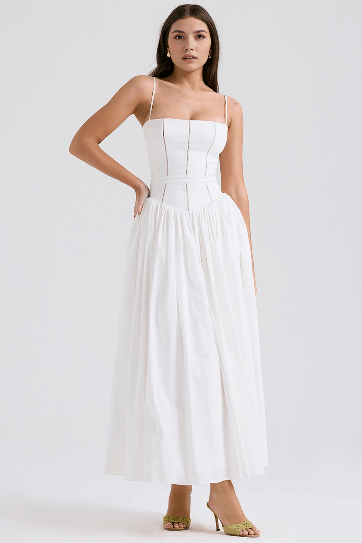 Summer-ready floral midi dress for women, an elegant white party dress for sunny occasions.