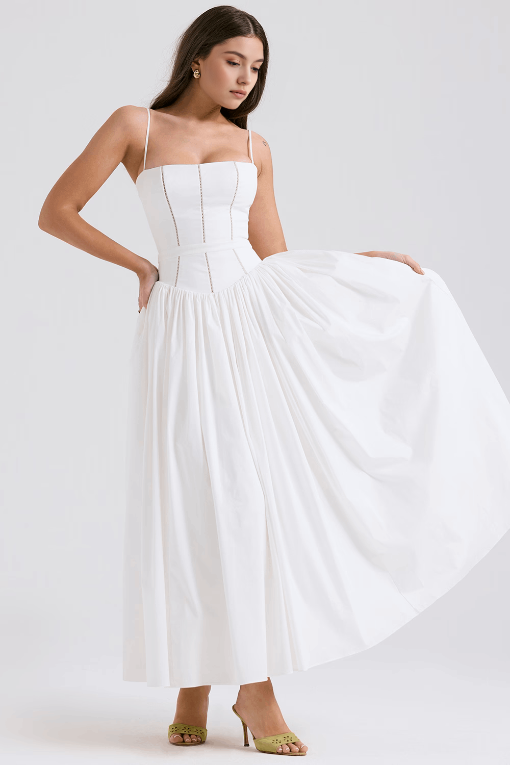 Flowy white floral midi dress for women, a stylish and elegant summer occasion outfit.