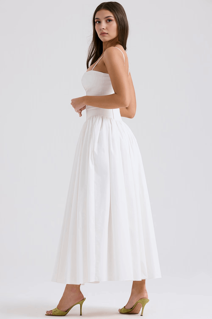 Delicate floral print midi dress for women in white, an elegant summer party essential.