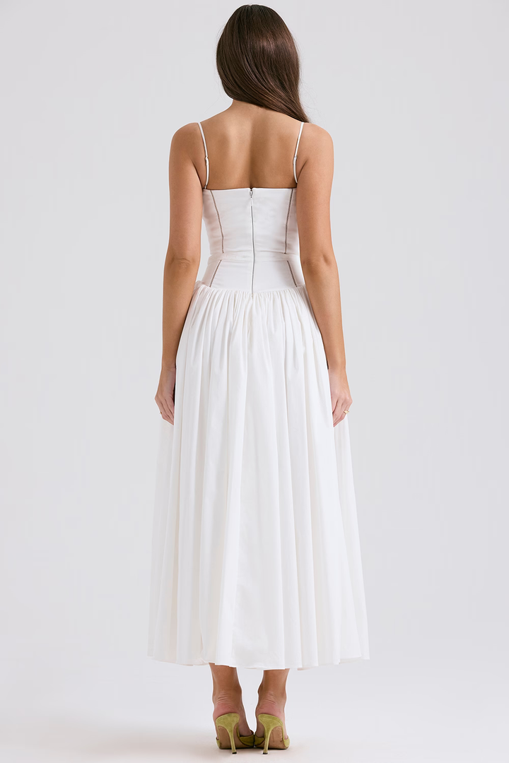 Elegant white floral midi dress for women, perfect summer party & occasion wear.