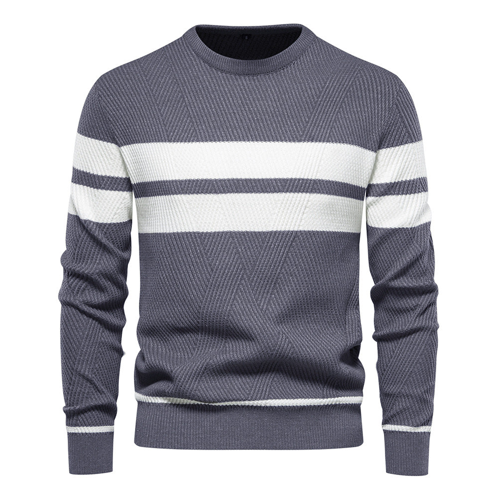 Close-up of men's striped crew neck sweater, showcasing the classic pattern and crew neck detail.