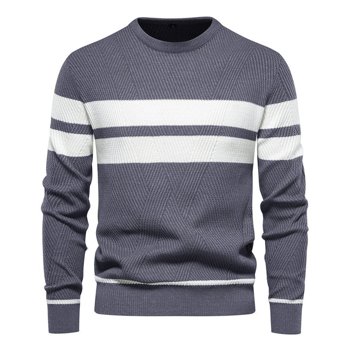 Close-up of men's striped crew neck sweater, showcasing the classic pattern and crew neck detail.