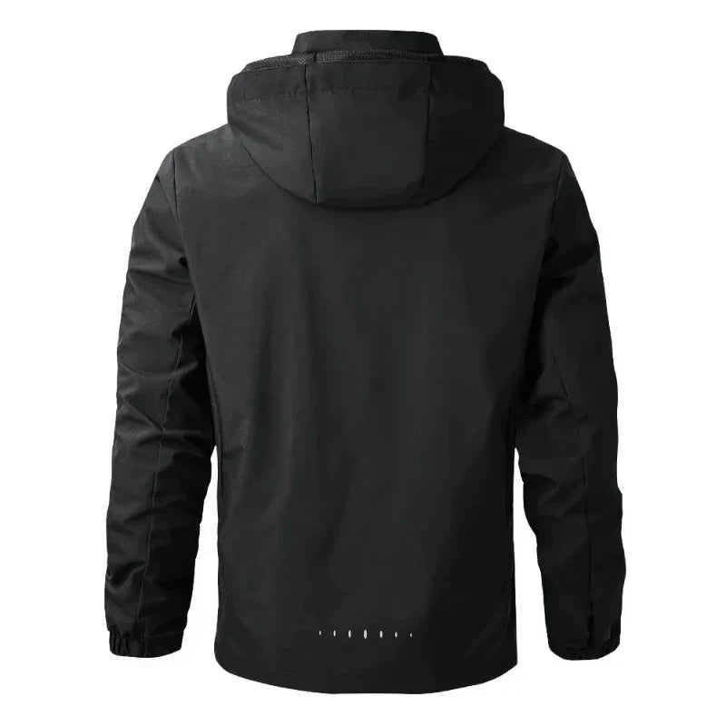 Waterproof men's windbreaker jacket with hood & reflective details, perfect for spring/fall weather.