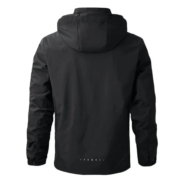 Waterproof men's windbreaker jacket with hood & reflective details, perfect for spring/fall weather.