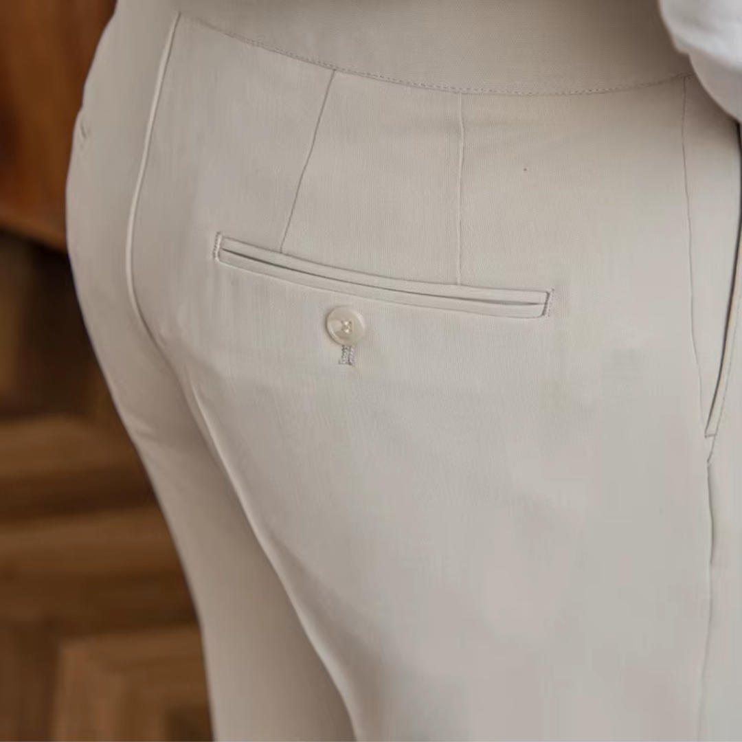 Casual beige high-waist chinos, versatile for daily menswear outfits.