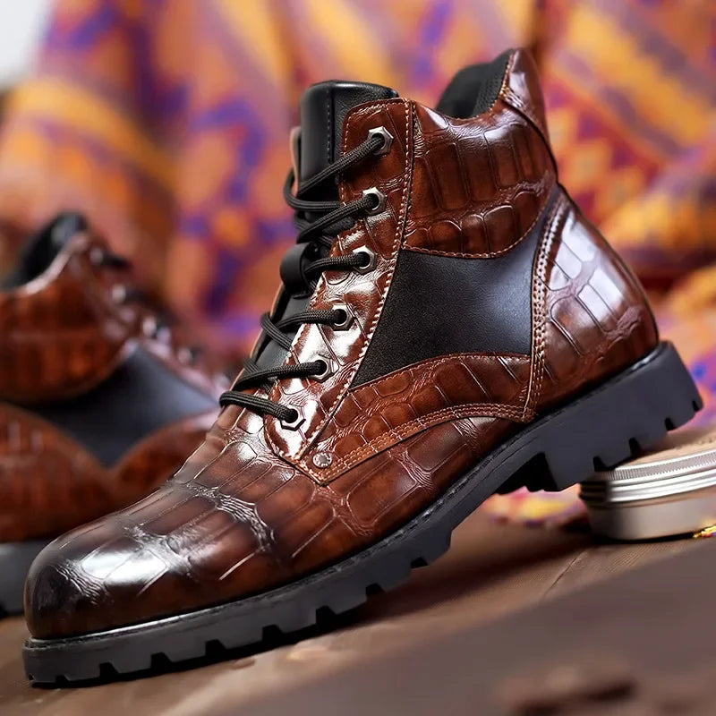Stylish men's ankle boots featuring unique alligator embossed texture, ideal for a rugged fashion look.