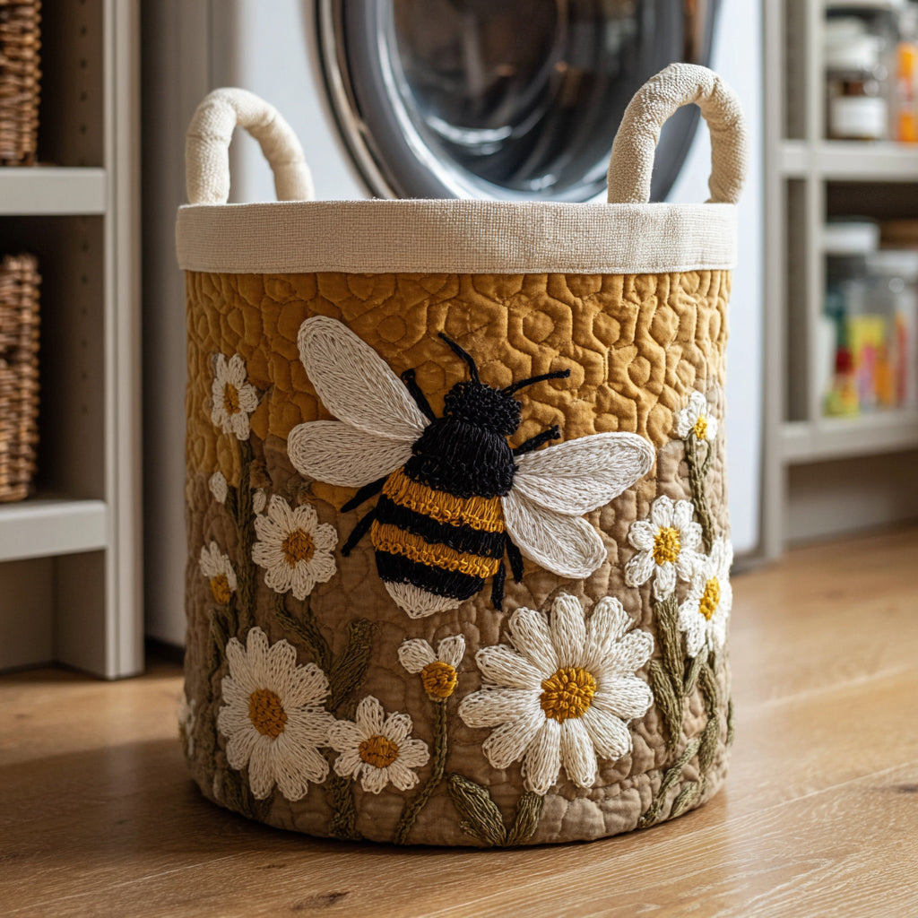 Women's Daisy Bee Quilted Laundry Basket for home organization. Washable, foldable cotton blend storage solution.