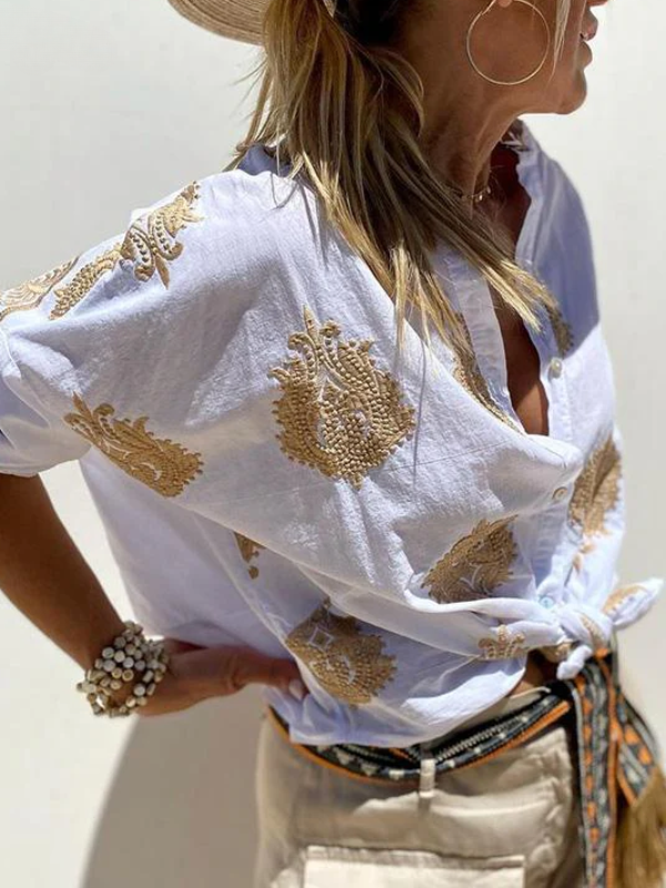 Boho button-up long sleeve shirt for women, a loose-fit elegant top suitable for casual or work outfits.