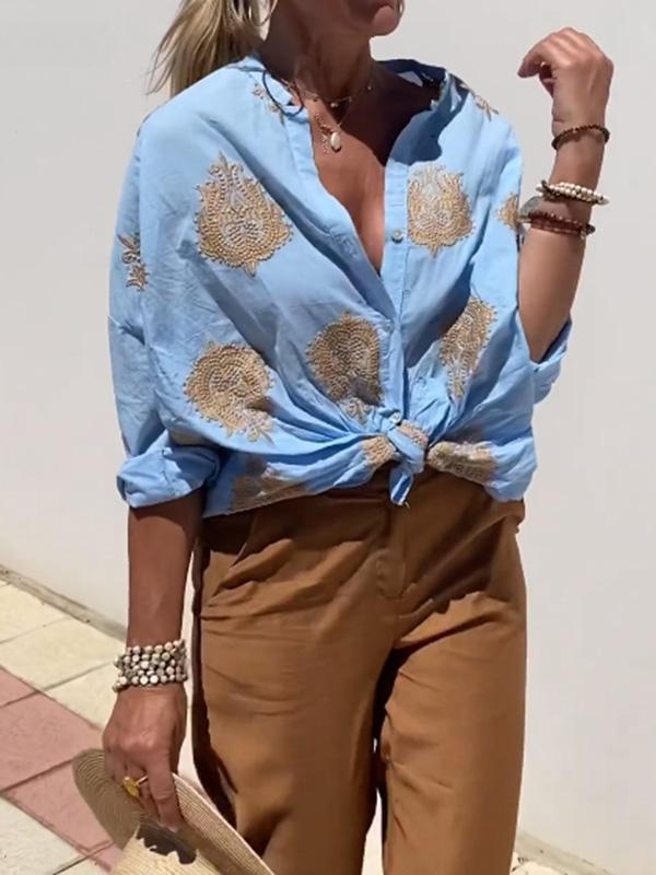 Casual women's boho long sleeve button-up top, a comfortable and stylish choice for spring & summer.
