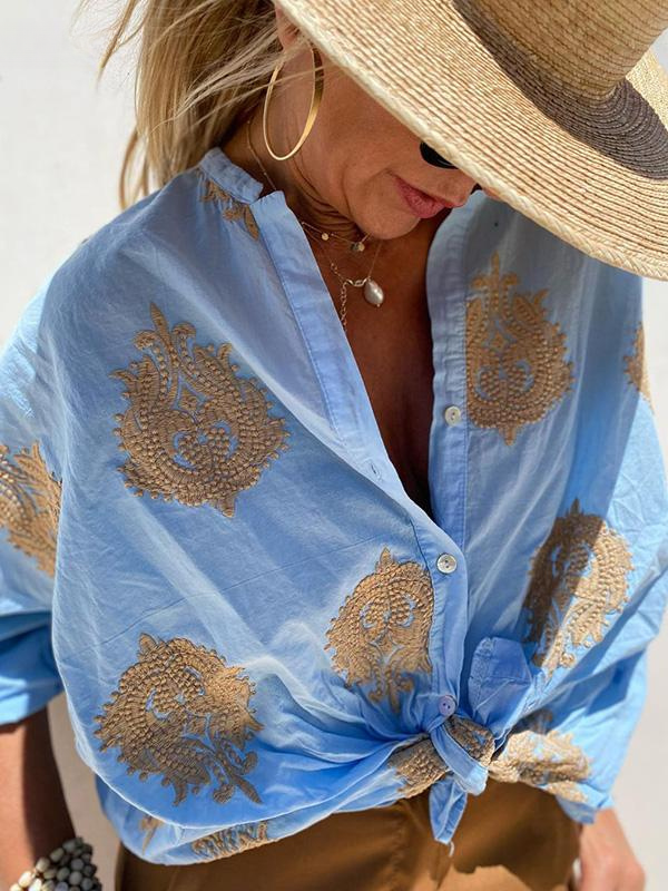 Comfortable women's boho long sleeve button-up shirt, a chic and versatile top for everyday fashion.