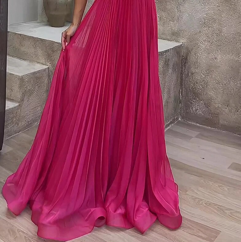 Sophisticated women's elegant evening maxi dress with flattering ruffle details.