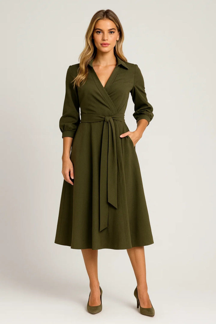 Versatile women's midi wrap dress, featuring a shirt collar & belt for a flattering, casual chic spring look.