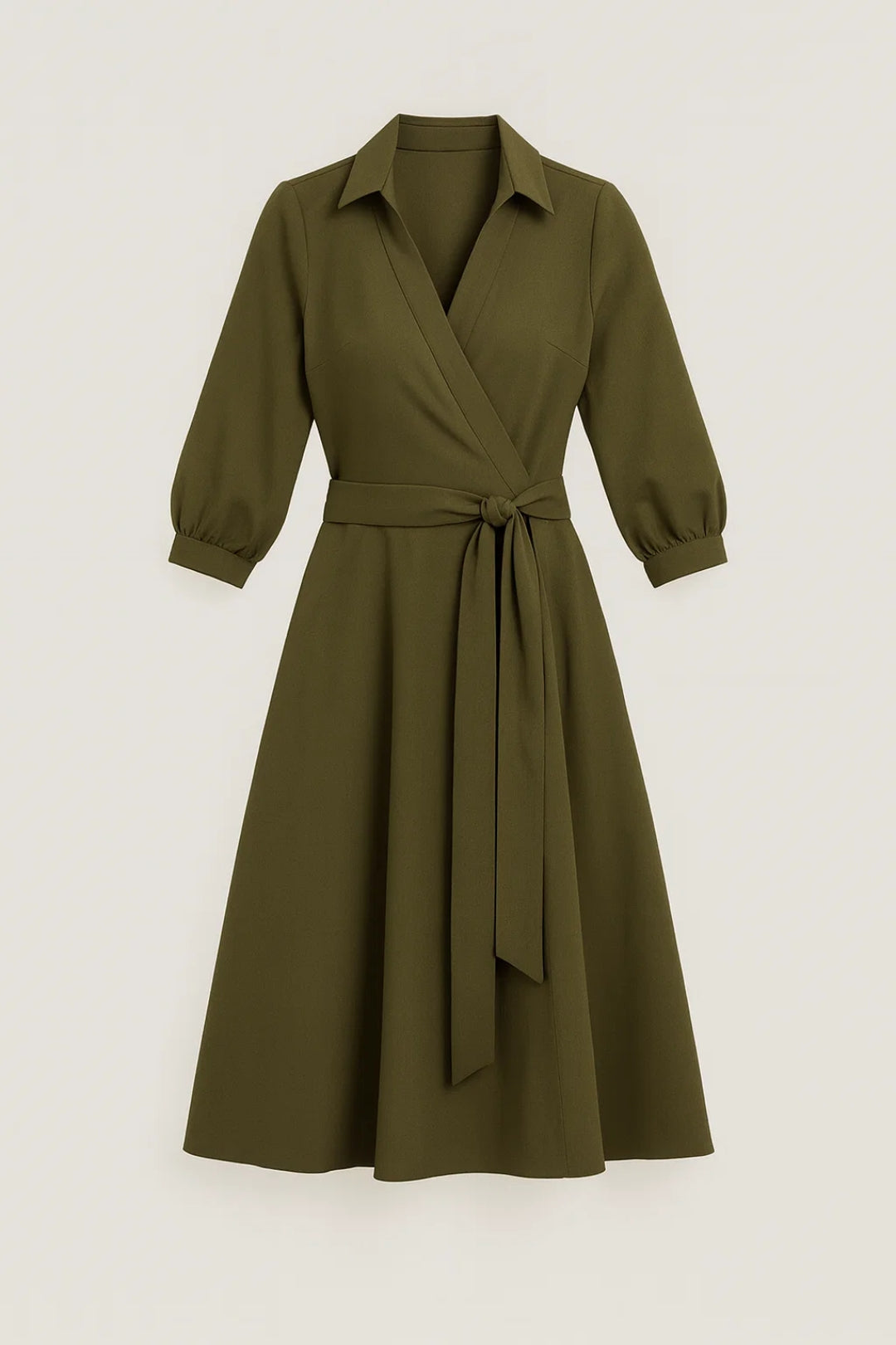 Elegant women's midi wrap dress with a chic shirt collar & flattering belt. Perfect for versatile day-to-night styling.