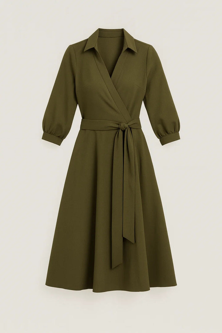 Elegant women's midi wrap dress with a chic shirt collar & flattering belt. Perfect for versatile day-to-night styling.