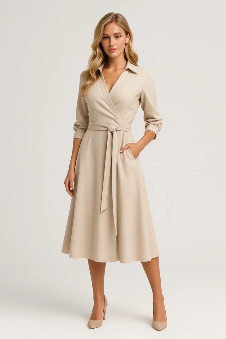 Stylish women's midi wrap dress with shirt collar & belt. An elegant, flattering design for any season, day or night.