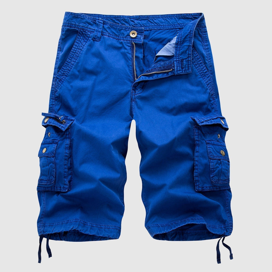 Black men's knee-length cargo shorts, versatile for outdoor, casual, or summer wear.