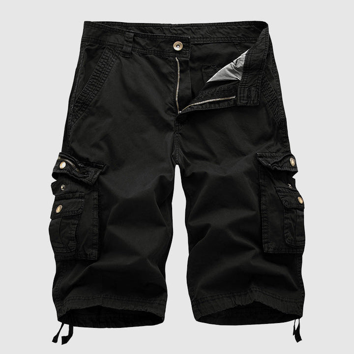 Red men's multi-pocket knee-length cargo shorts, comfortable & stylish for summer.