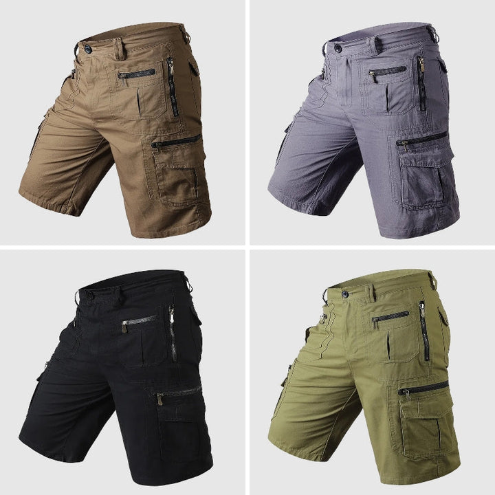 Performance men's cargo shorts, knee-length, multi-pocket & durable for all outdoor activities.