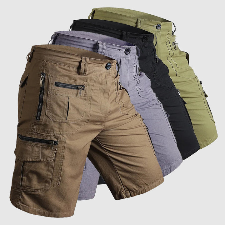Men's utility cargo shorts, knee-length & rugged, featuring ample pockets for outdoor use.