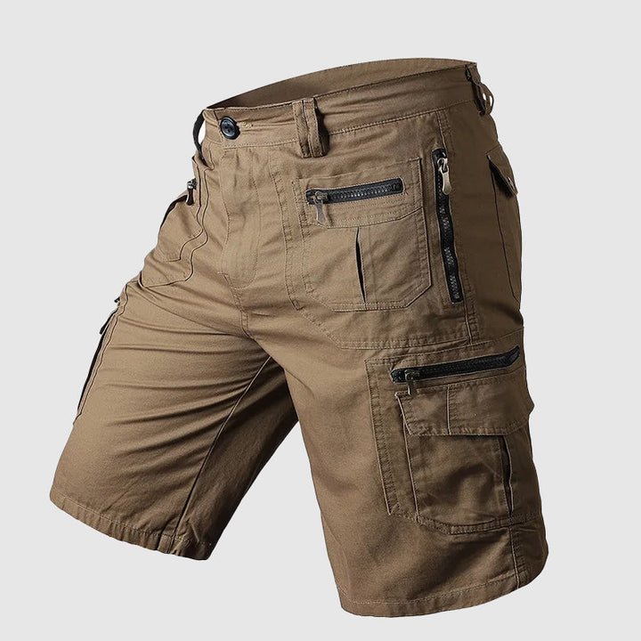 Men's durable knee-length cargo shorts with multi-pockets, ideal for outdoor activities.