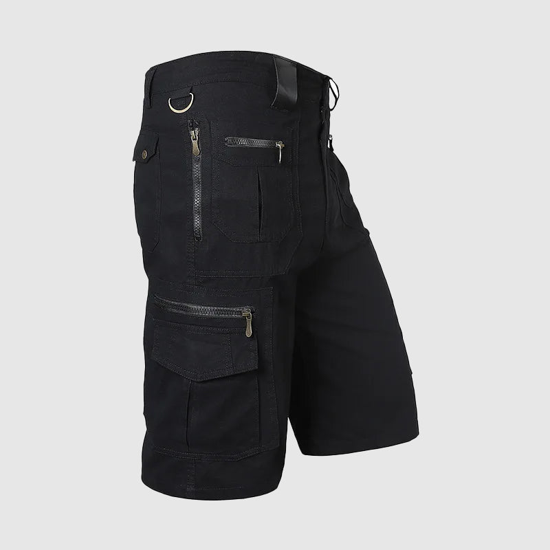 Men's outdoor cargo shorts with multiple storage pockets, knee-length & durable for active use.