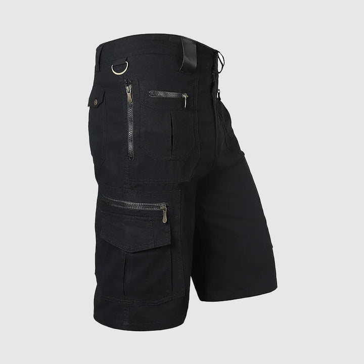 Men's outdoor cargo shorts with multiple storage pockets, knee-length & durable for active use.
