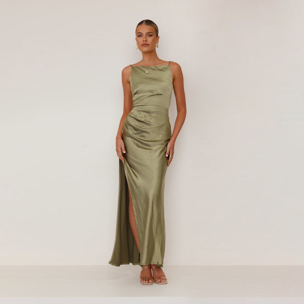 Timeless women's elegant pleated maxi dress, ideal for minimalist fashion & evening parties.