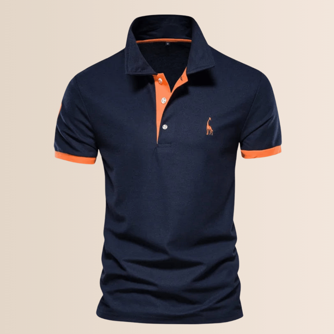 Loose fit men's V-neck polo, stand collar, short sleeve. Ideal casual top for summer and spring fashion.