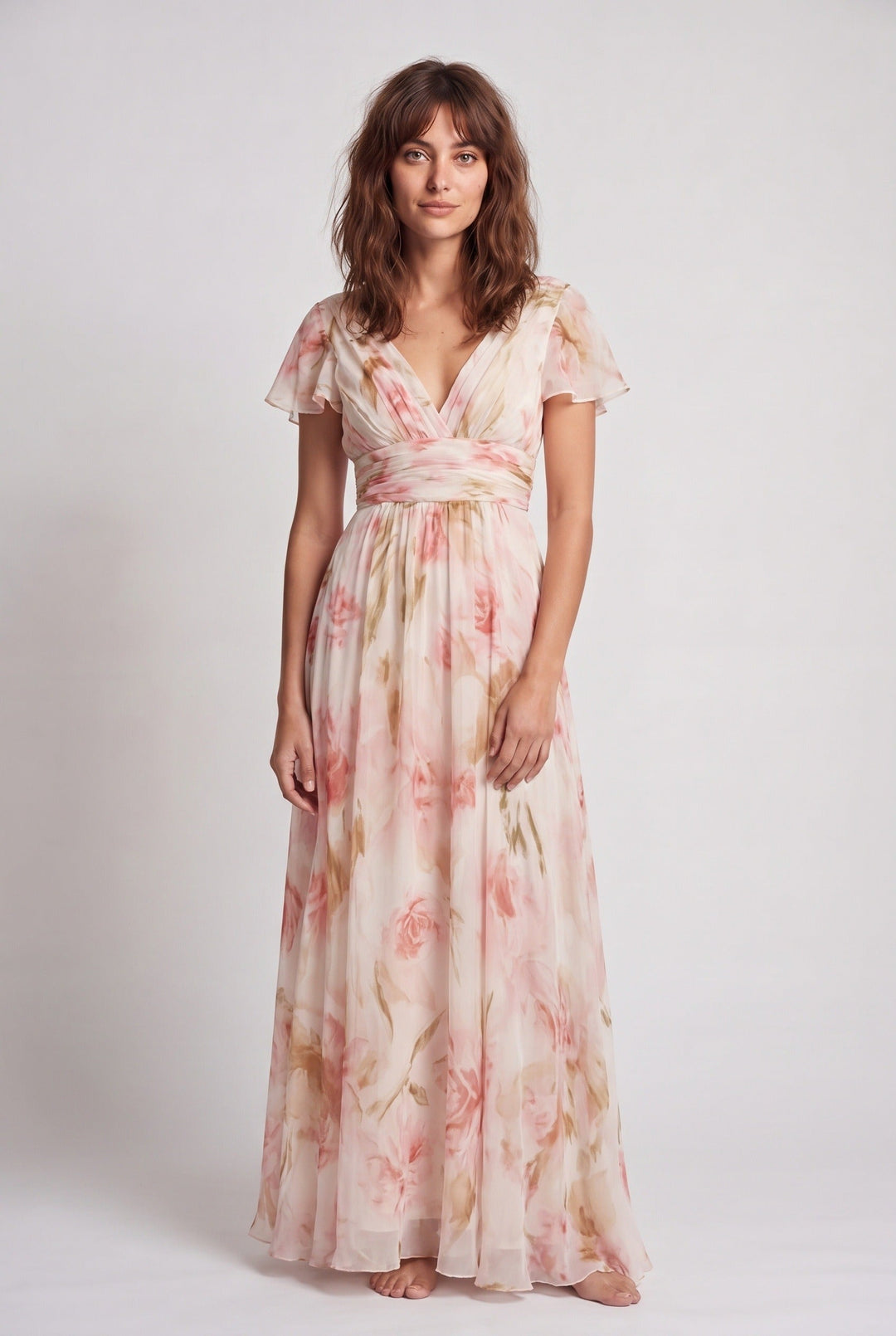 Romantic women's floral print maxi dress featuring a V-neck, flutter sleeves & flowing silhouette for elegant wear.