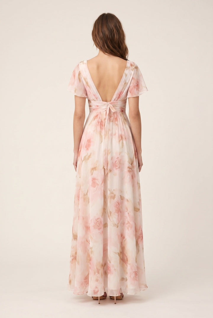 Stylish women's floral maxi dress with elegant V-neck & flutter sleeves, ideal for summer occasions & spring fashion.