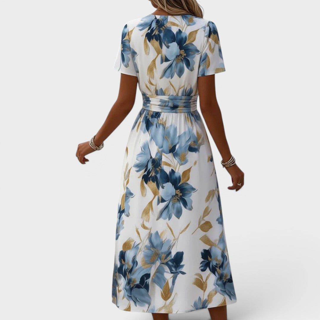 Flattering women's floral wrap midi dress with elegant long sleeves, perfect versatile summer party dress.