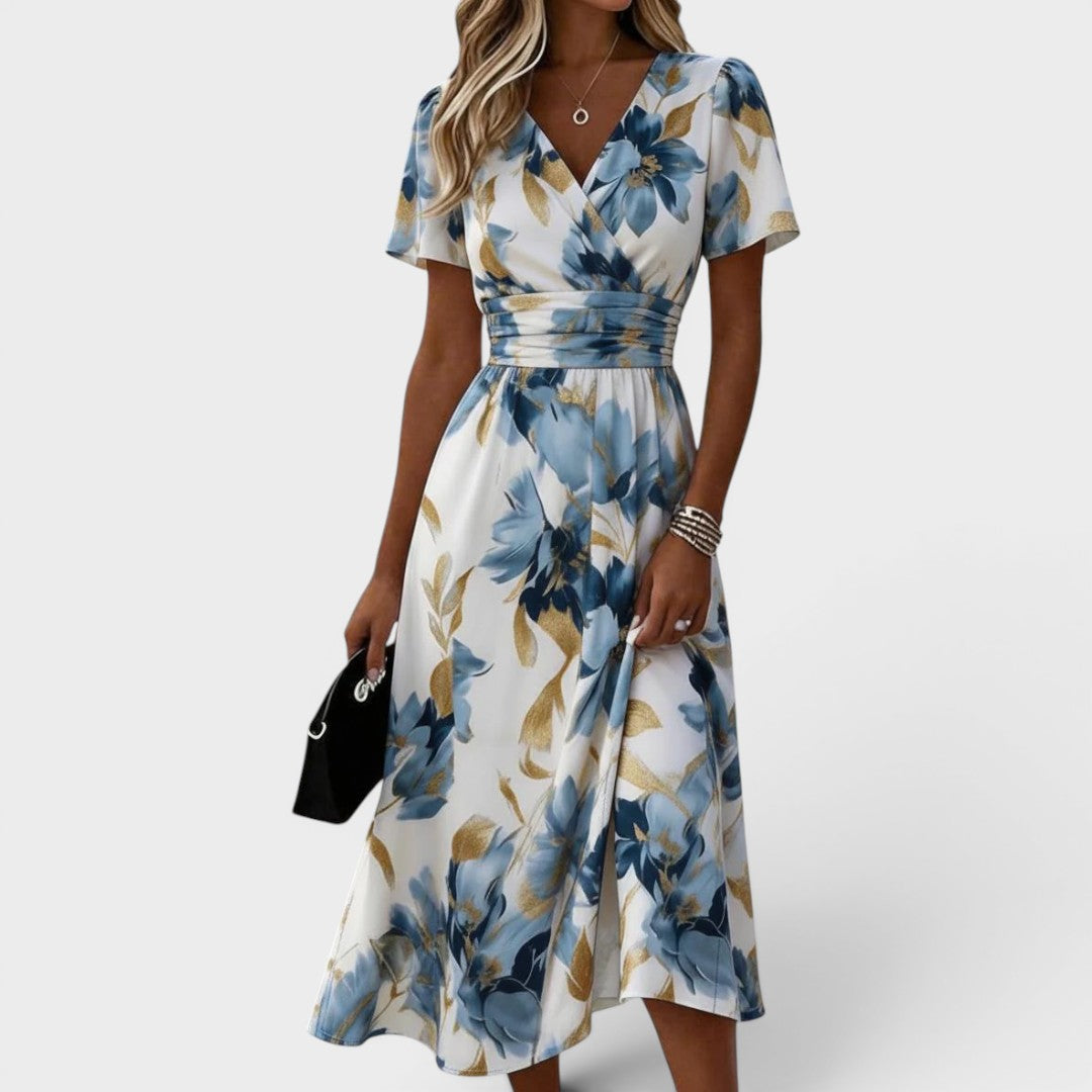Elegant women's floral wrap midi dress with long sleeves, perfect for special occasions & date nights.