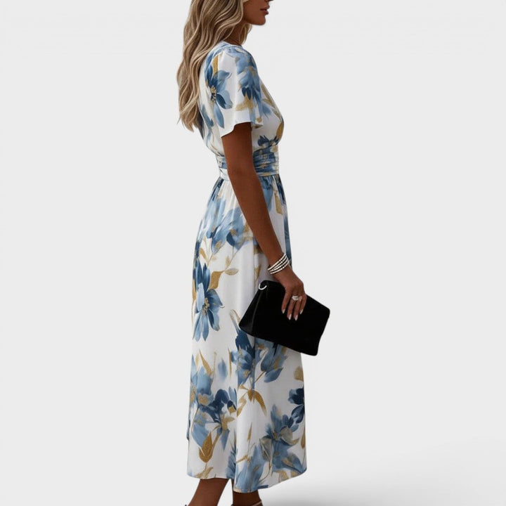 Stylish women's floral wrap midi dress, flattering for summer parties or elegant date night events.