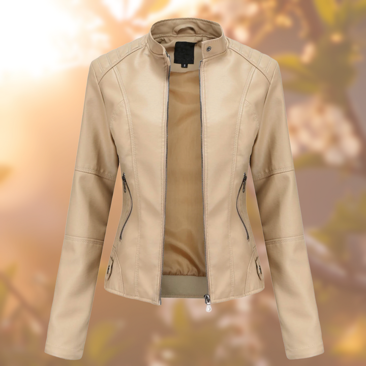 Modern women's chic moto jacket. Sleek design, ideal for a contemporary edge & versatile everyday fashion.