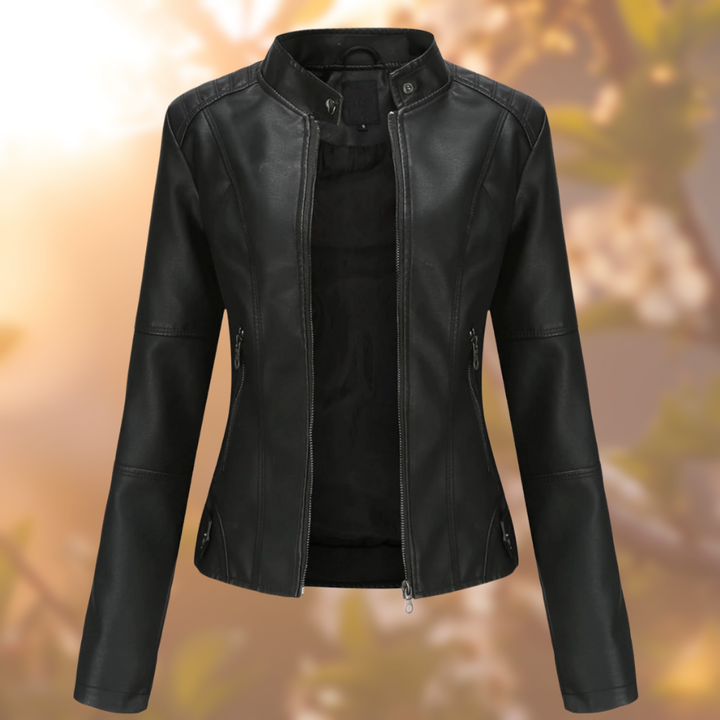 Women's chic moto style jacket in black leather, perfect for a modern edge and versatile everyday fashion.