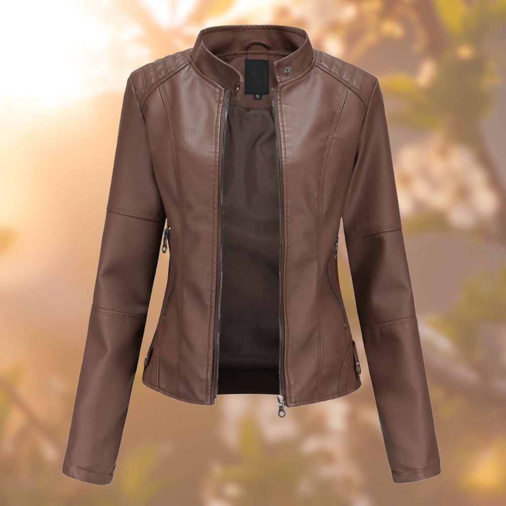 Elegant women's moto jacket, a chic statement piece for modern apparel and versatile outerwear.