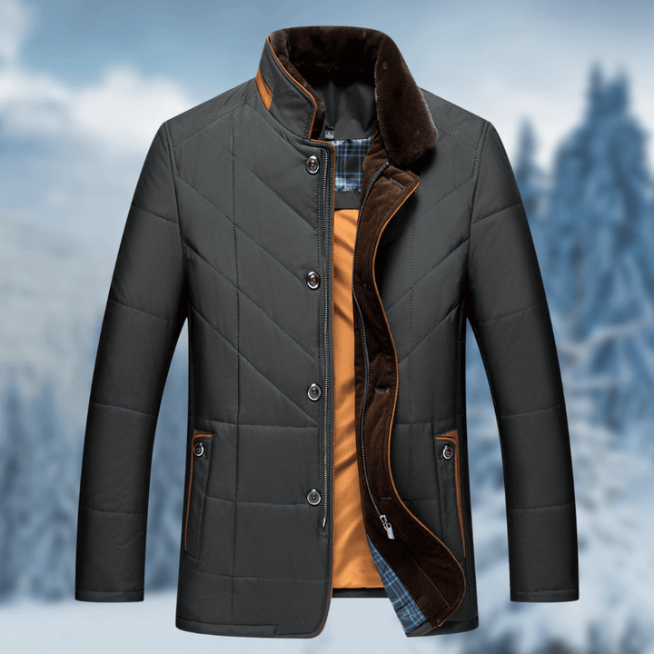 Stylish men's quilted puffer jacket, smart casual design with faux fur collar for warmth in autumn & winter.