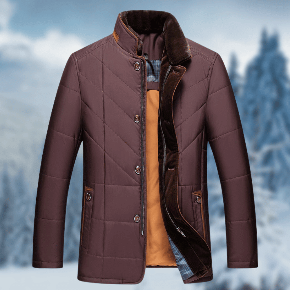 Warm men's quilted puffer jacket, button front, ideal smart casual outerwear for cold autumn & winter days.